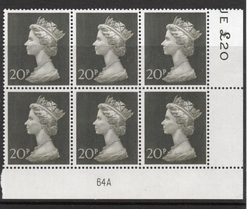 GB QEII Plate block of 6, 64A 20 pence 1970 issue MNH