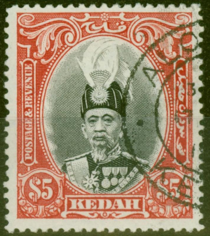 Kedah 1937 $5 Black & Scarlet SG68 Superb Used Choice Example