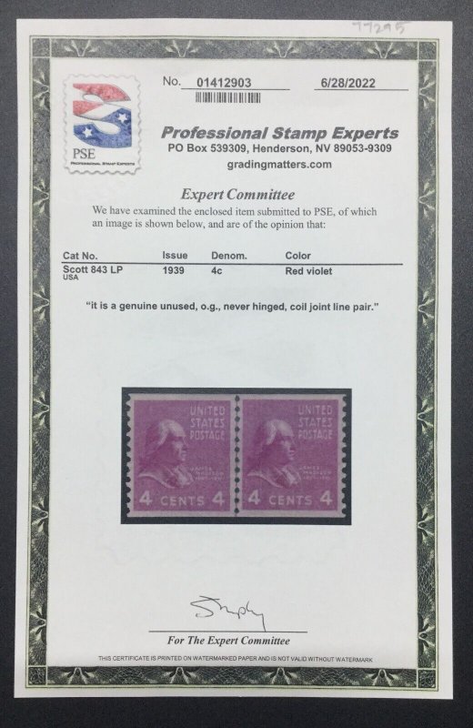 MOMEN: US STAMPS #843 LINE PAIR MINT OG NH PSE CERT LOT #77295