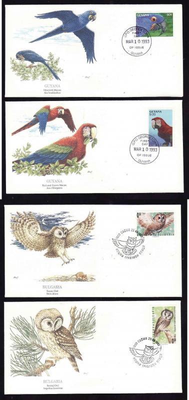 Flora & Fauna of the World #186-Birds-Owls-Macaws-four different FDCs with singl