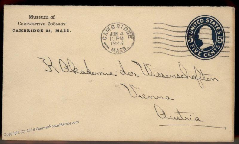 USA 1923 Cambridge Museum Zoology Academy Science Vienna Austria Cover 88923