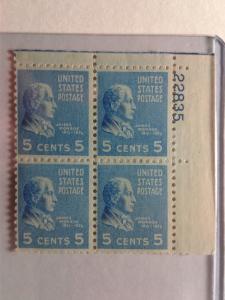 SCOTT # 810 FIVE CENT  MINT NEVER HINGED PLATE BLOCK 1938