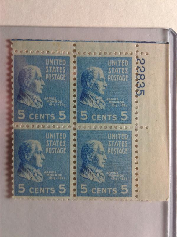 SCOTT # 810 FIVE CENT  MINT NEVER HINGED PLATE BLOCK 1938