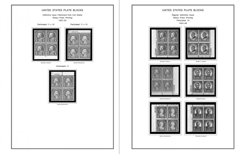 US 1901-1929 PLATE BLOCKS STAMP ALBUM PAGES (46 PDF b&w illustrated pages)