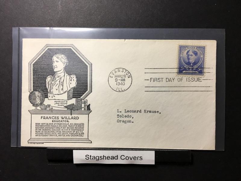 US FDC 28 Mar 1940 Anderson Cachet Frances Willard Educator Evanston IL