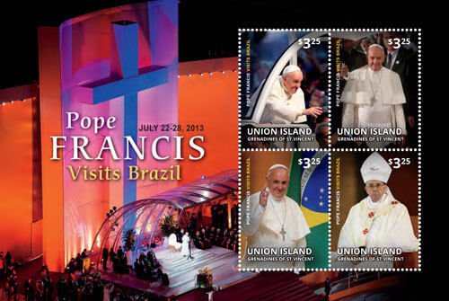 UNION ISLAND 2014 - POPE FRANCIS VISITS BRAZIL SHEET OF 4 STAMPS (#2) MNH