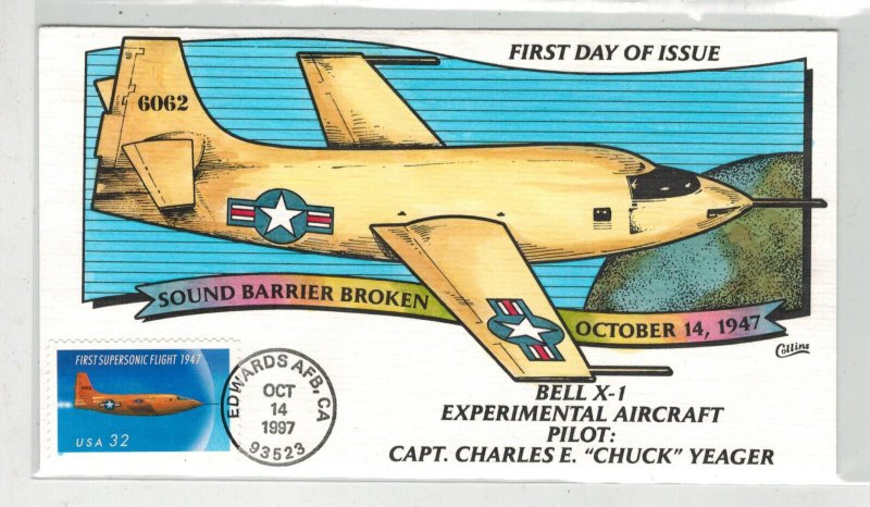 1997 COLLINS HANDPAINTED FDC 3173 AVIATION CHUCK YEAGER BELL X-1 EXPERIMENTAL