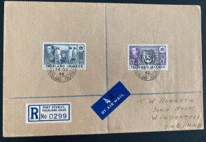 1943 Port Stanley Falkland Island Airmail Cover To England Sc#93 & 96