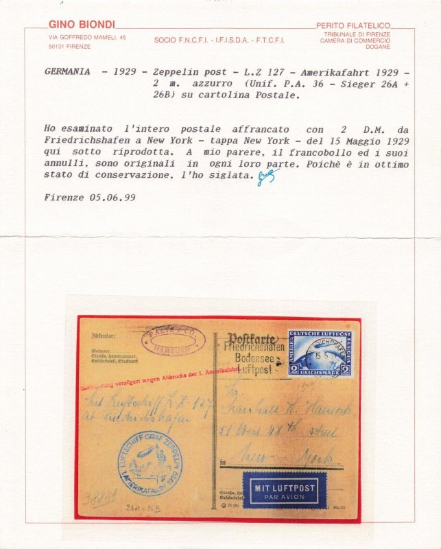 Germany 1929 2m Graf Zeppelin North America Flight Postal Card w/Certificate