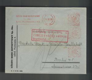 1933 Lodz Poland Bank Meter Registered Cover to Deutsche Bank Berlin Germany 