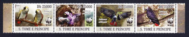 Sao Tome Birds WWF Grey Parrot Strip of 4v MI#3777-3780 SALE BELOW FACE VALUE