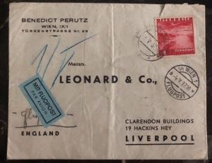 1937 Vienna Austria Commercial Airmail Cover to Liverpool England
