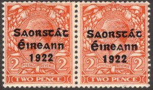 IRELAND 1923 2d Orange Coil, Paste-up Pair; Harrison Ovpt; Scott 62; SG 70; MNH
