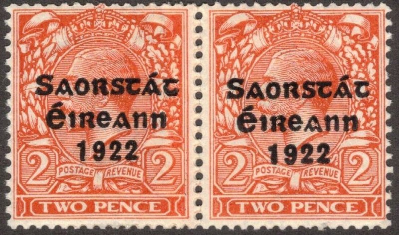 IRELAND 1923 2d Orange Coil, Paste-up Pair; Harrison Ovpt; Scott 62; SG 70; MNH