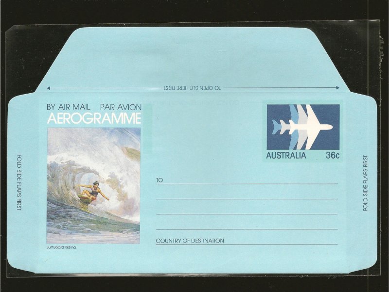 Australia Surf Board Riding 36 Cent Aerogramme MNH