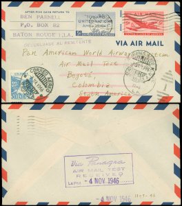 1946 BATON ROUGE LA, PAN AM 10¢ RATE TEST to COLUMBIA, PANAGRA, Mixed Franking!