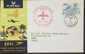 BOAC 1961 Manila To Rome Italy  First Flight Cover