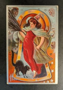 Mint Vintage Witch and Black Cat Embossed Illustrated Halloween Postcard