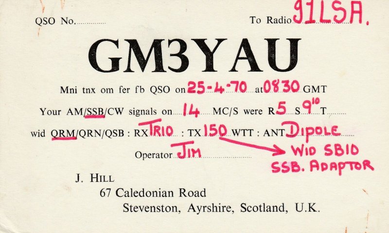 7412 Amateur Radio QSL Card  STEVENSTON AYRSHIRE SCOTLAND UK