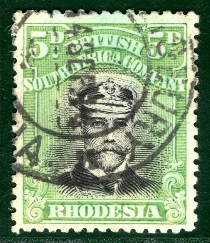 RHODESIA BSACo KGV Admiral SG.227 5d Black & Bright Green Used Cat £60 EBLUE38