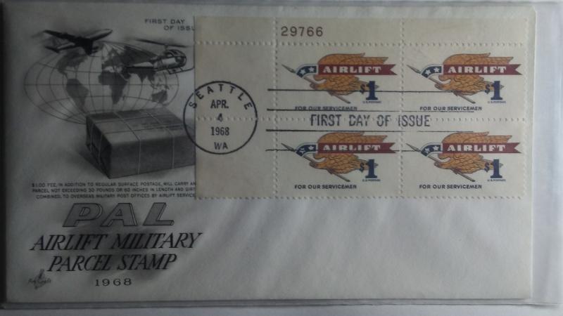 SCOTT # 1341  AIRLIFT MILITARY PARCEL 1 DOLLAR FIRST DAY OF ISSUE PLATE BLOCK