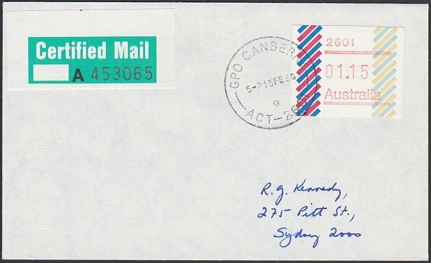 AUSTRALIA 1985 (15 Feb)  $1.15 Frama on Certified Mail cover ex Canberra....E196