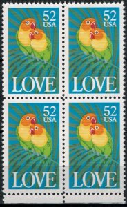 1991 Love Birds Block Of 4 52c Postage Stamps, Sc# 2537, MNH, OG