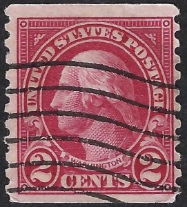 United States #599 2¢ Washington. Type I. Carmine.  Coil. Perf 10 vert. Used.