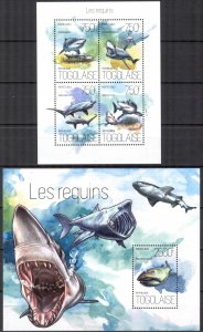 Togo 2013 Marine Life Sharks Sheet + S/S MNH