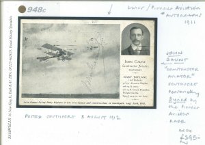 GB PIONEER AVIATION Card JOHN GAUNT Constructor SIGNED Southport 1911 948c