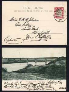 Transvaal 1903 postcard of Vaal River Bridge 1d rate to England JOHANNESBURG pmk