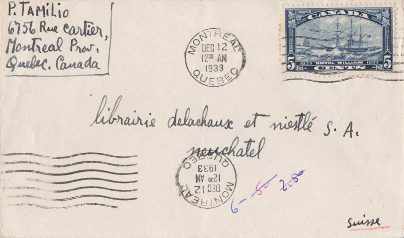 Canada 1933 5c Yacht Royal William Cover Montreal to Neuchatel Switzerland 