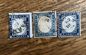 SARDINIA 1855 20C blue variants x 3