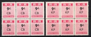 RHODESIA RAILWAYS Parcels Two Blocks of Six 9d *CB* & *KP* Overprints UMM SS3937