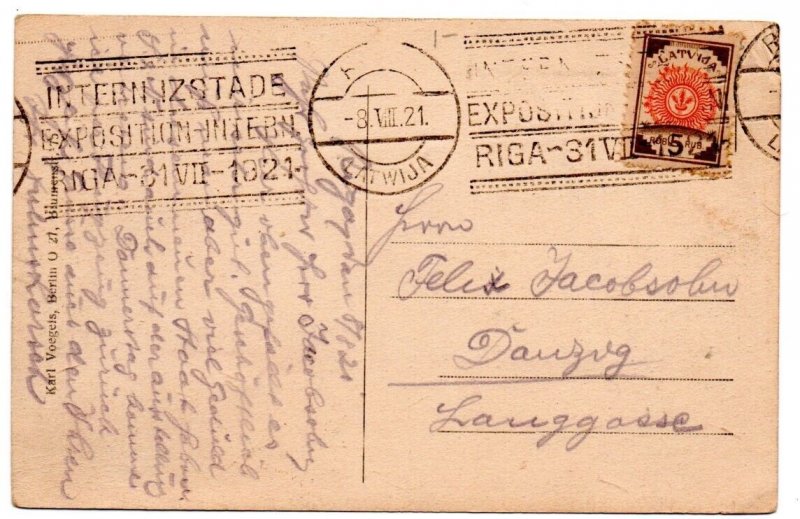 Latvia postcard of Anlagen, Riga mailed to Danzig with 1921 Exposition cancel 