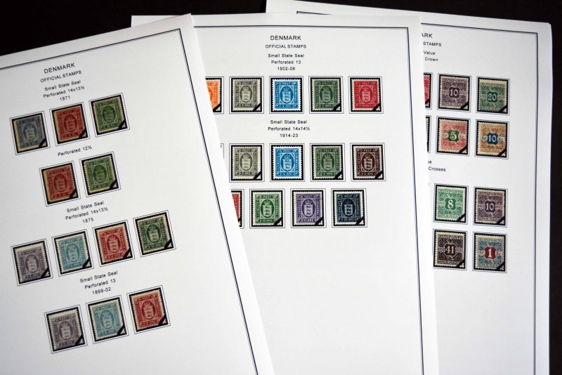 COLOR PRINTED DENMARK [CLASS] 1851-1955 STAMP ALBUM PAGES (27 illustrated pages)