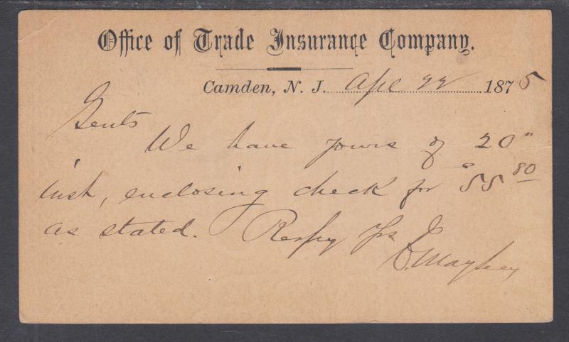 US Sc UX3 used 1875 Illustrated Advertising Postal Card, Trade Insurance Co