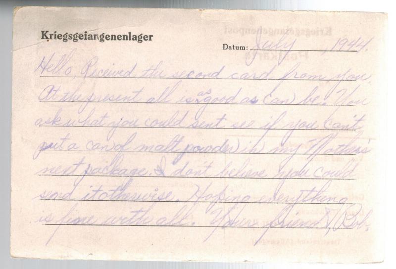 1944 Germany POW Camp Airmail Cover Stalag 2B Prisoner of War Lafayette IN USA