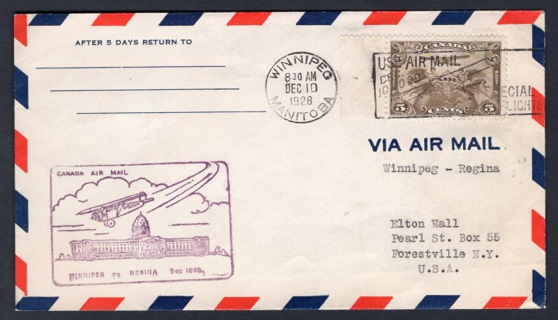 h03 - Canada 1928 First Flight Cover. Winnipeg - Regina,  onto USA, RPO Receiver