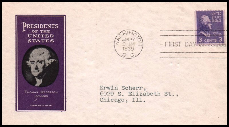 US 851 Thomas Jefferson Coil Ioor Typed FDC