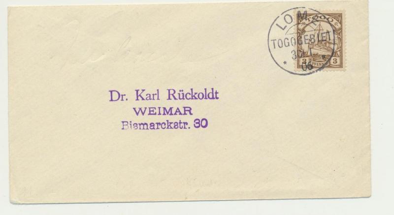 TOGO GERMAN COLS 1906 3pf ON COVER, LOME TO WEIMAR (SEE BELOW)