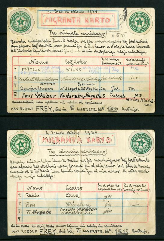 Worldwide Pair 1934 Migrant Cards 9 Country Stamps Cancels