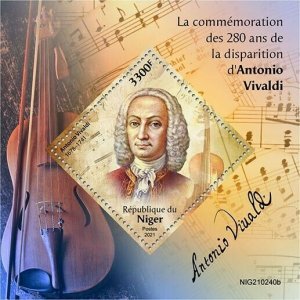 Niger 2021 MNH Music Stamps Antonio Vivaldi Composers Musical Instruments 1v S/S 