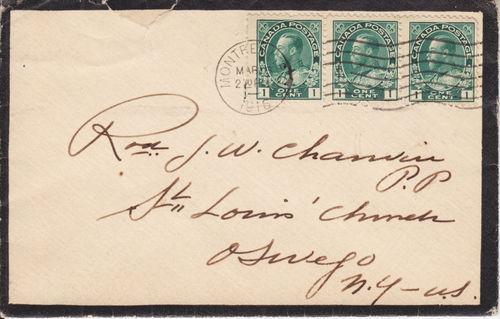Canada Sc 104 used on 1916 Mourning Cover to New York, 1c strip of 3, sound