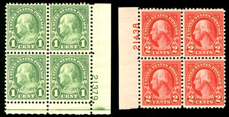 US #632 634 PLATE BLOCKS, VF mint never hinged, super color and fresh!