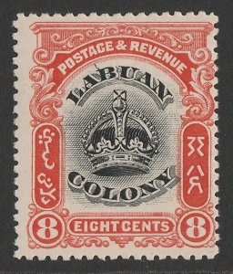 LABUAN 1902 Crown 8c black & vermilion, variety 'line through B'.