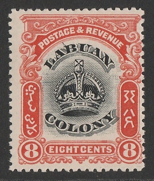 LABUAN 1902 Crown 8c black & vermilion, variety 'line through B'.