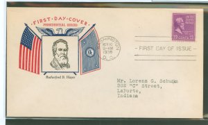 US 824 1938 19c Rutherford Hayes (presidential/prexy series) solo on an addressed first day cover & a Fidelity cachet.