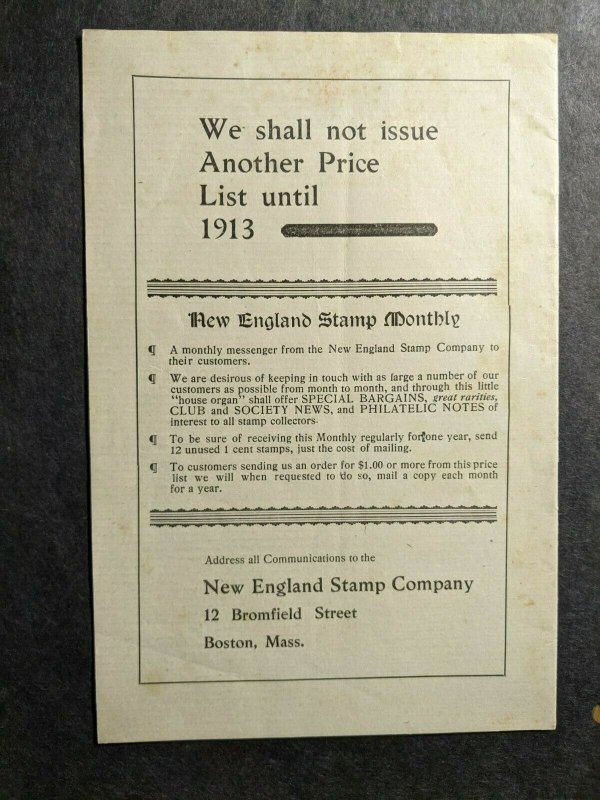 1912 NEW ENGLAND STAMP Co PRICE LIST Boston, Mass 16 pages