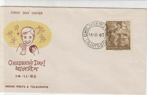 India 1963 Childrens Day Illust. Cancel Lady With Kids Stamp FDC Cover Ref 34727